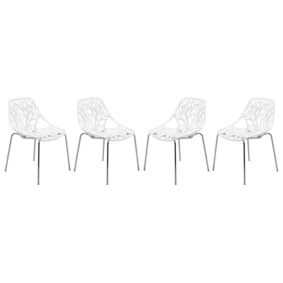 LeisureMod Modern Asbury Dining Side Chair With Chromed Legs in White Set of 4