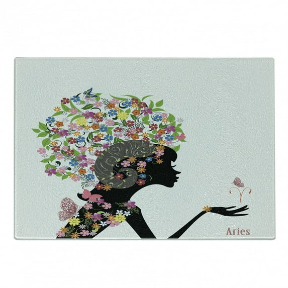 Zodiac Aries Cutting Board, Fashion Girl Aries Woman with Horns Floral Dress Lively Blossoms Butterflies, Decorative Tempered Glass Cutting and Serving Board, Small Size, Multicolor, by Ambesonne