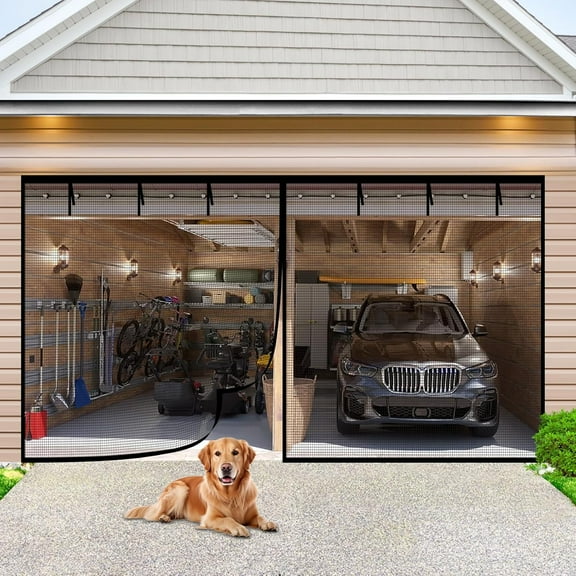 Magnetic Garage Screen Door for 2 Car Garage Doors 16x7FT - Heavy Duty Mesh Garage Screen Door with 6 Strapping Tapes and Closure Weighted Bottom, Tear Resistant Garage Screen Doors Accessories
