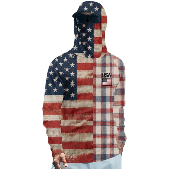 Mens 250 Anniversary USA Rash Guard Shirt UPF 50 Fishing Sun Protection Hoodie with Mask American Flag Long Sleeve Shirts