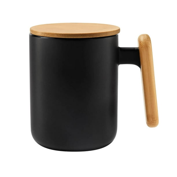 Taza de cerámica mate con tapa de bambú natural-hanoi negro 7.3 x 11.8