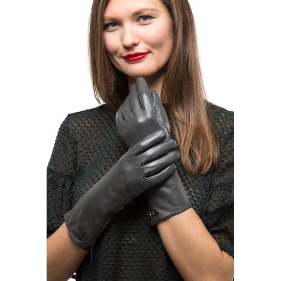 Long Sleeve Leather Zipper Gloves For Women, Touchscreen Cold Weather Long Sleeve Gloves - With Thinsulate Liner - Gray - Small