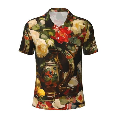 Balery Elegant Still Life Roses Printed Men’s Short Sleeve Polo Shirt Midweight Men s Shirt Golf Polo shirts -4X-Large