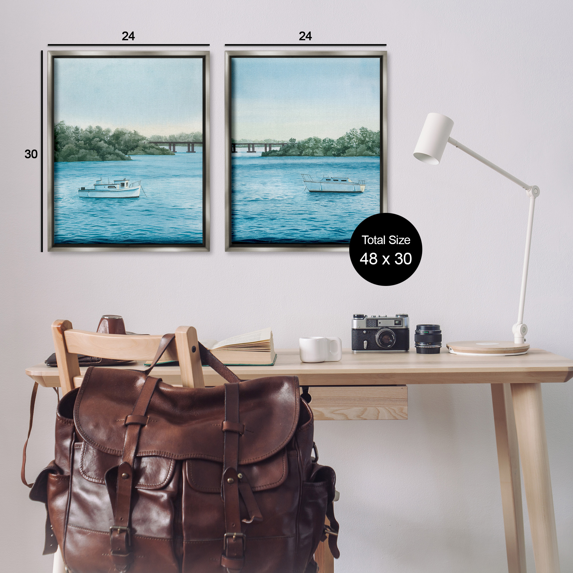 Stupell Industries Serene Summer Boats Landscape Painting Gray Floater Framed Canvas Art Print Wall Art, 25 x 31, Set of 2