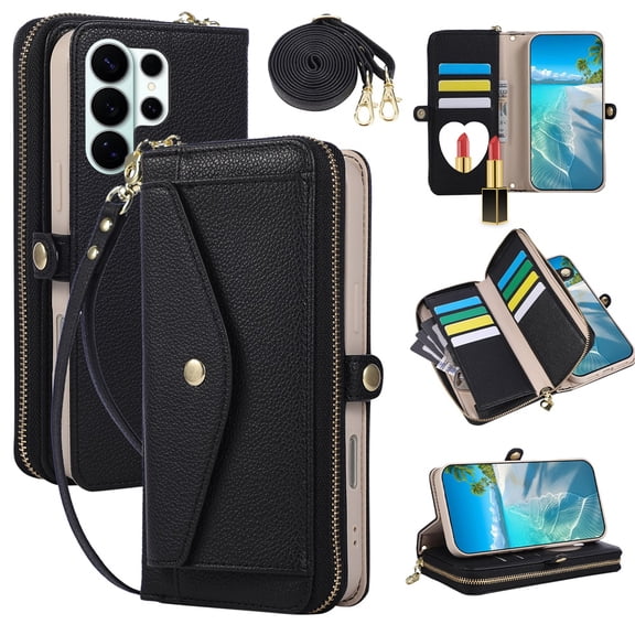 Wallet Case for Samsung Galaxy S26 Ultra 5G 6.9-inch, Litchi Leather Flip Zipper Purse Cover with Card Holder, Heart Makeup Mirror, Crossbody Lanyard, Kickstand Shockproof Protective Phone Case 