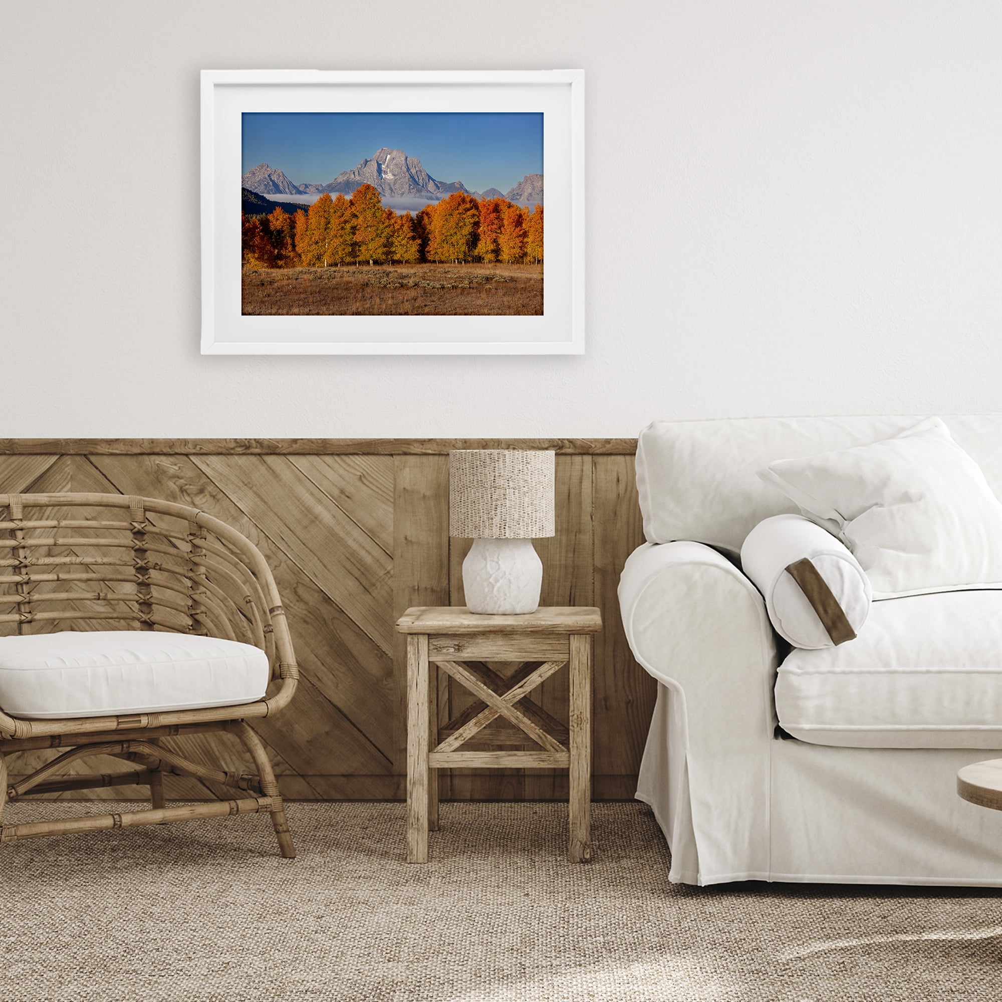 Autumn Tree Line With Mountain White Framed Print Under Glass, design by Shelley Carlisle