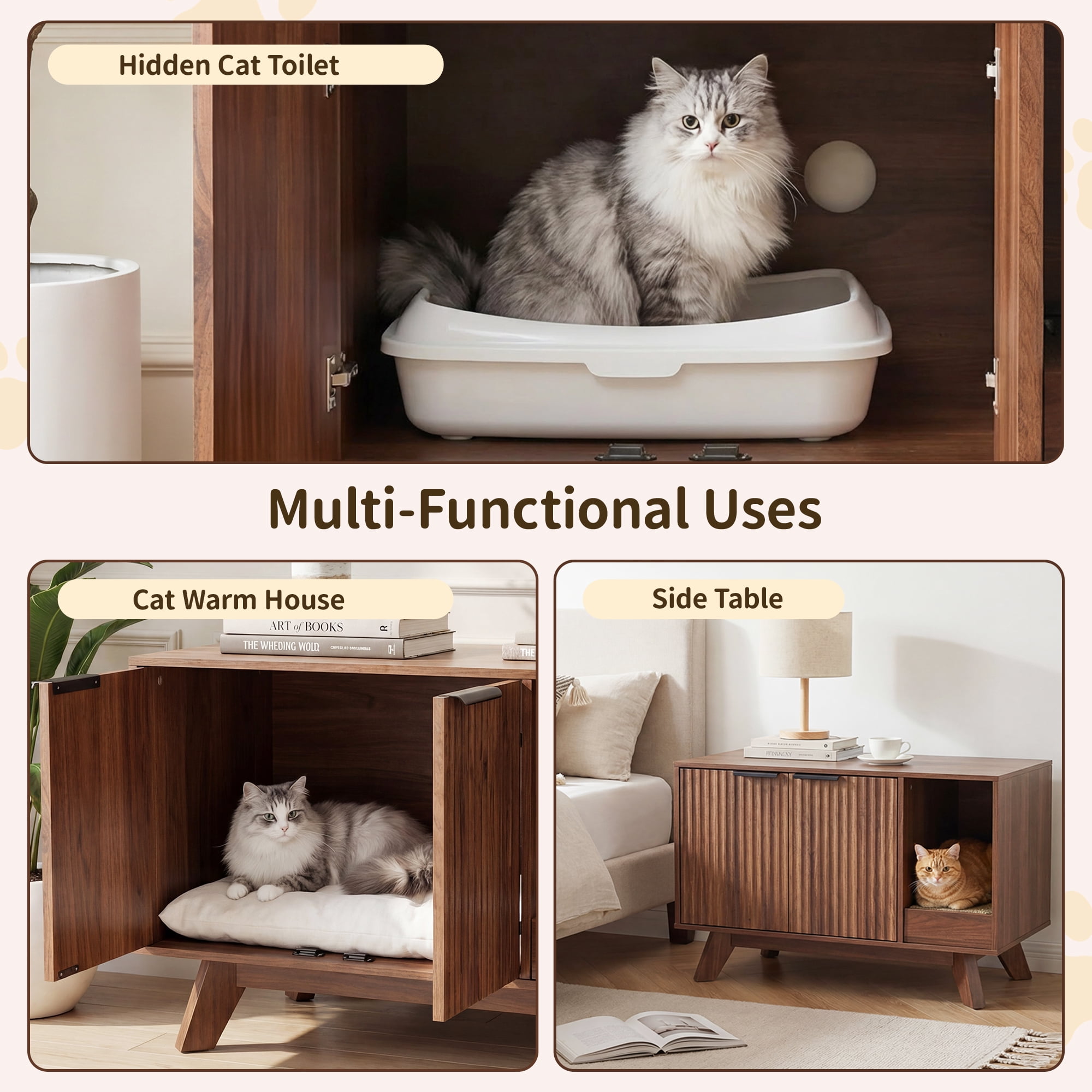 YDN Modern Litter Box Enclosure for Cats- 31.5" Indoors Hidden Cat Litter Box Furniture for 2 Cats, Wooden Cats Washroom Side Cabinet with Scratching Pad for Most Cat Litter Box,Walnut