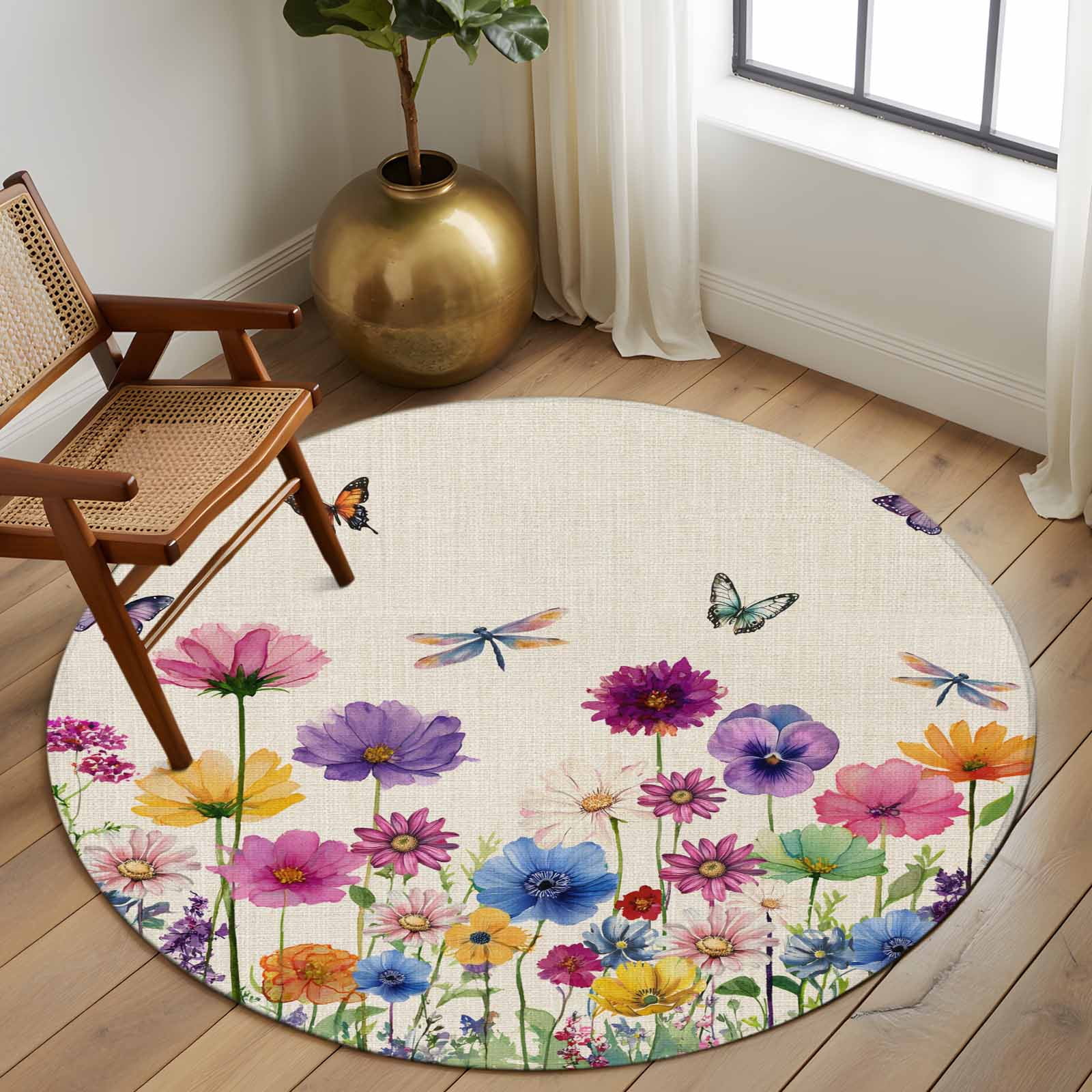 Round Rug 5Ft Washable Non-Slip, Vintage Flowers Circle Area Rugs for Living Room Bedroom, Watercolor Butterfly Dragonfly Daisy Beige Indoor Floor Mats Carpet Runner for Home Decor Aesthetic