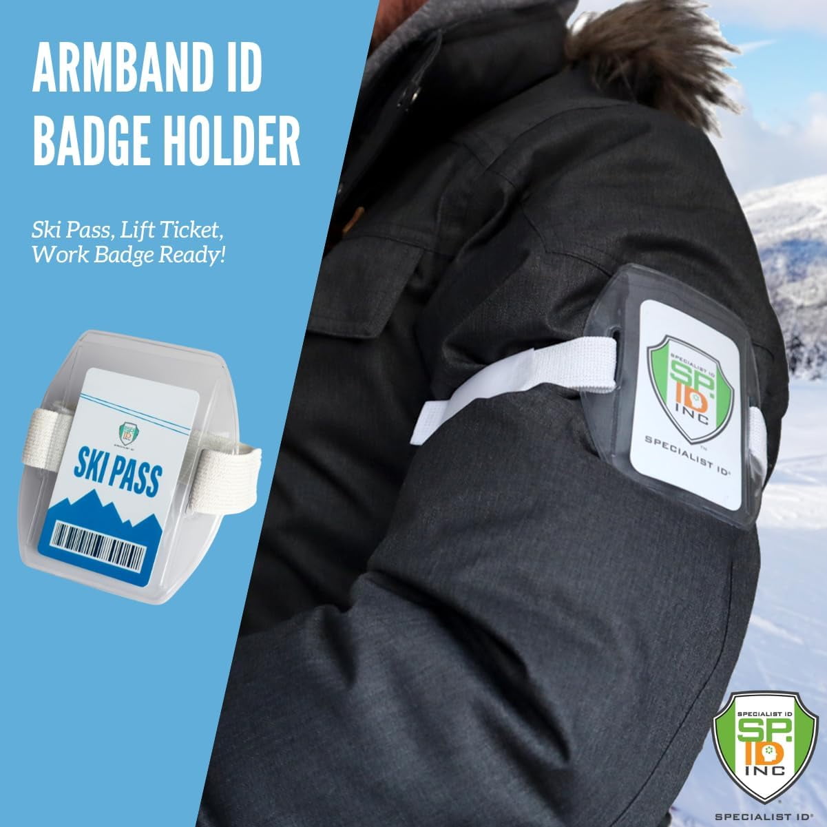 25 Pack - Heavy Duty Ski Pass Holder Arm Band Badge Holder for Youth & Adults - One Size Fits All Adjustable Armband Ski Resort Season Pass Holder with Elastic Band by Specialist ID (White)