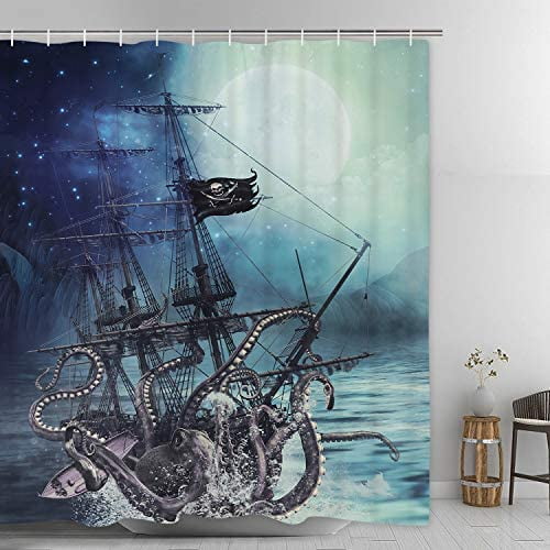 Nautical Octopus Shower Curtain, Blue Ocean Bathroom Shower