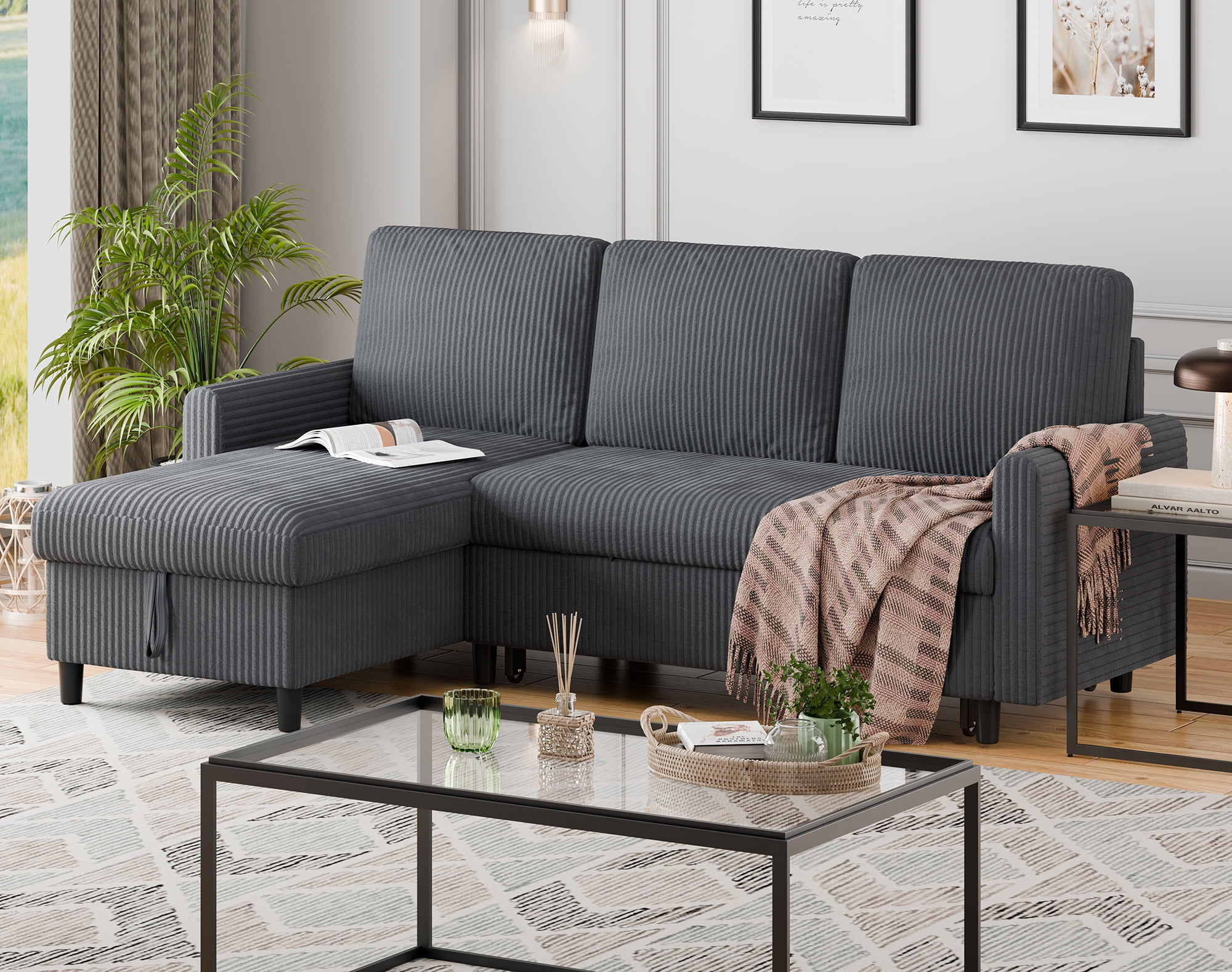 Walsunny Pull Out Sectional Sleeper Sofa Bed L Shape Couches with Reversible Storage Chaise for Living Rooms Small Rooms Apartment,Dark Gray