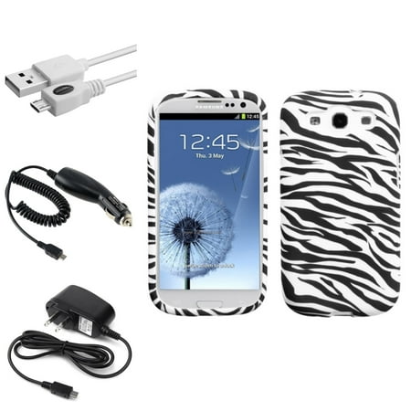 Insten Zebra TPU Skin Case+DC+AC Charger+3X USB Cable For Samsung Galaxy S3 I9300