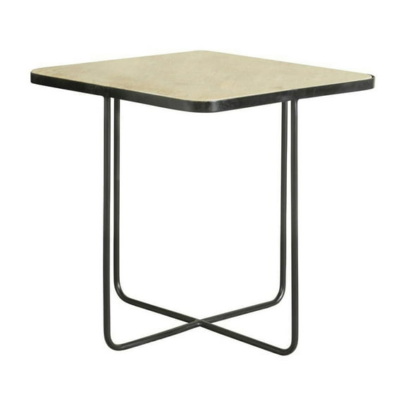 24 Inch Square Accent Side End Table Iron Travertine Marble Top Black
