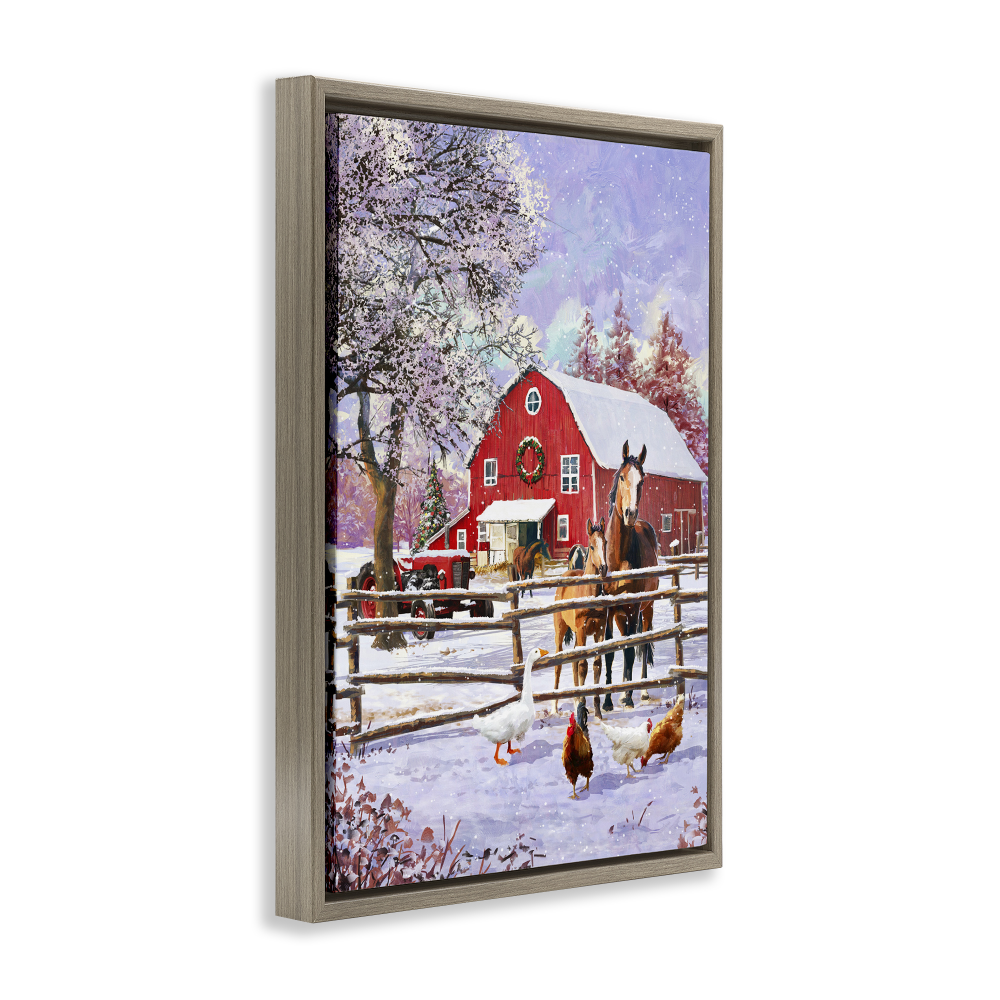 Stupell Industries Winter Farm Scene Holiday Painting Brown Floater Framed Art Print Wall Art, 17 x 25