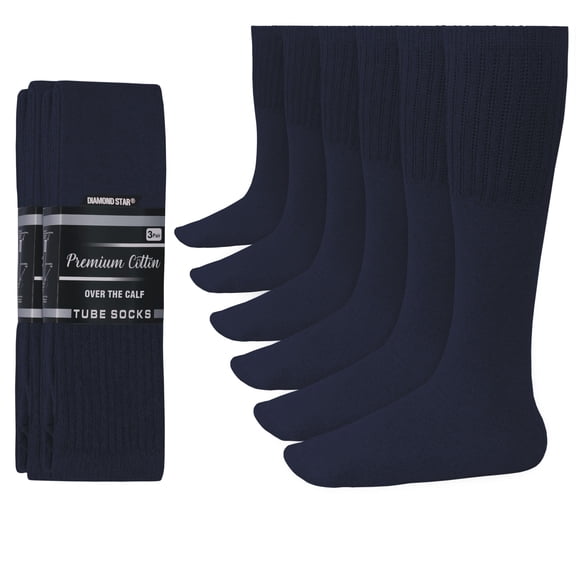 Diamond Star Diabetic Over the Calf, Non-binding Premium Cushion Cotton Knee High Comfortable Socks for Men (Navy - 6 Pairs Sock size 13-16)