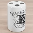 thumbnail image 1 of Letter M Ceramic Toothbrush Holder, Abstract Ornamental Design in Dark Color Scheme Swirls and Lines Eastern, Decorative Versatile Countertop for Bathroom, 4.5" X 2.7", Black Grey White, 1 of 4