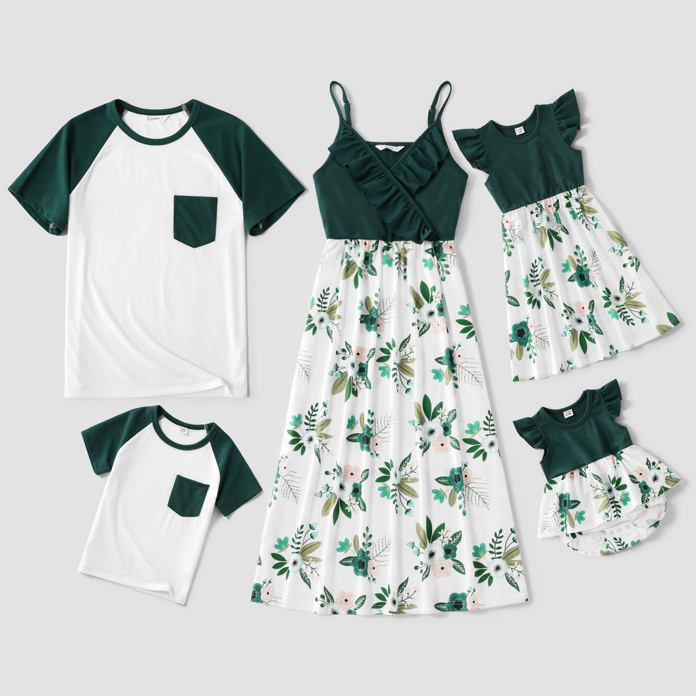 PatPat Family Matching V Neck Ruffle Splicing Floral Dresses and Raglan ...