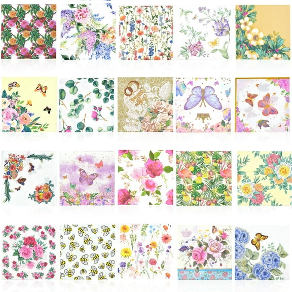 Assorted Floral Napkins 20 Pack, Decoupage Decorative Paper, 20 Styles Cocktail Napkins for Birthday Party, Wedding, Holiday Events, DIY Crafts, Retro Floral Design