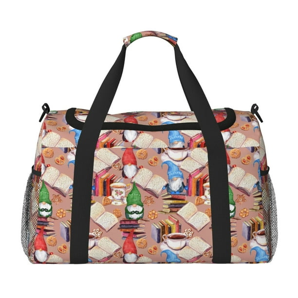 Balery Gnomes Books Tea Cups Bolsa de Gimnasio para Mujeres, Bolsa de Viaje con Bolsillo Húmedo, Bolsa de Fin de Semana para Mujeres, Bolsa de Viaje Resistente al Agua