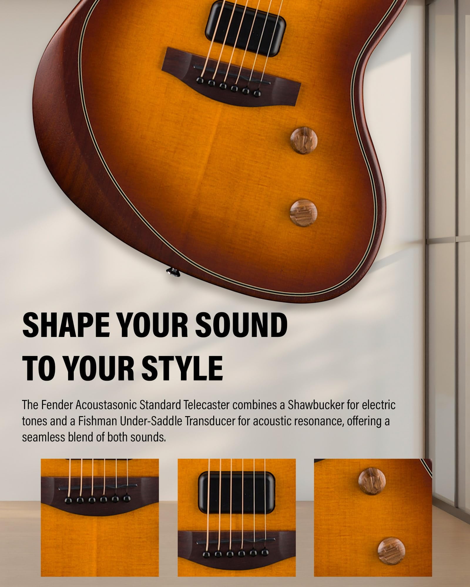 Fender Acoustasonic Standard Jazzmaster - Honey Burst Bundle with Strap, Guitar Cleaning Kit and Austin Bazaar Instructional Video