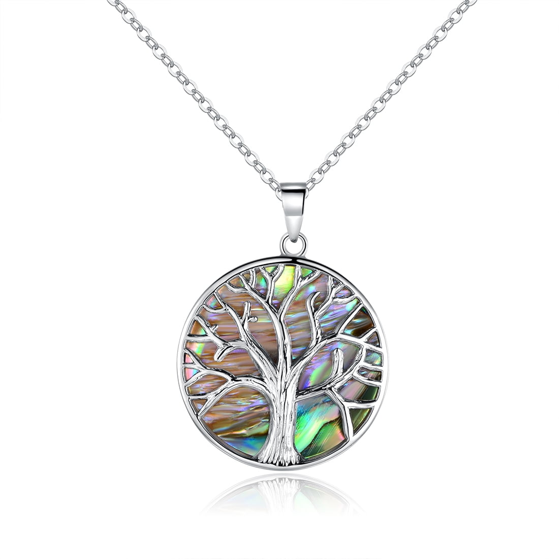 18K White Gold Plated Created Opal 18" Tree of Life Necklace