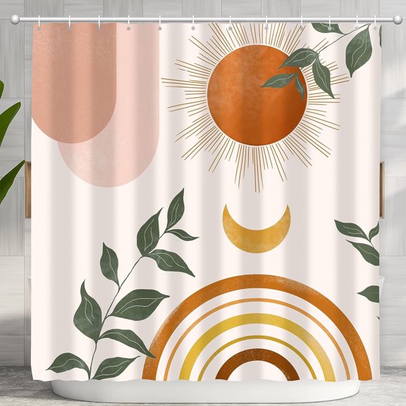 Mid Century Abstract Boho Aesthetic Shower Curtain Set, Sun Bohemian Modern Minimalist Bathroom Bathtub Decor, Washable Cloth Fabric Bath Curtain with 12 Hooks 72x72 Inches Cortina de baño