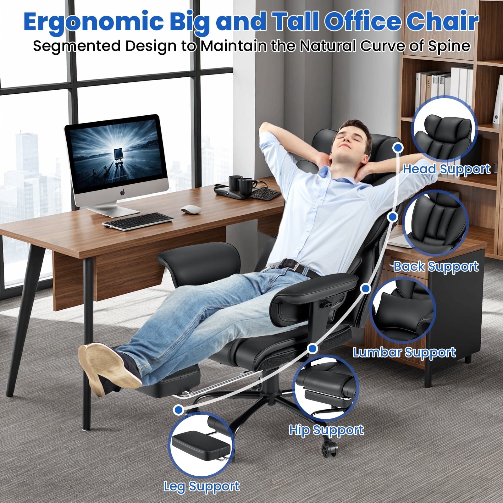 Hoffree Big and Tall Office Chair 450lbs, Executive Computer Desk Chair with Massage Ergonomic  Leather Chair with Footrest Reclining Desk Office Chair with Lumbar Support for Home Office
