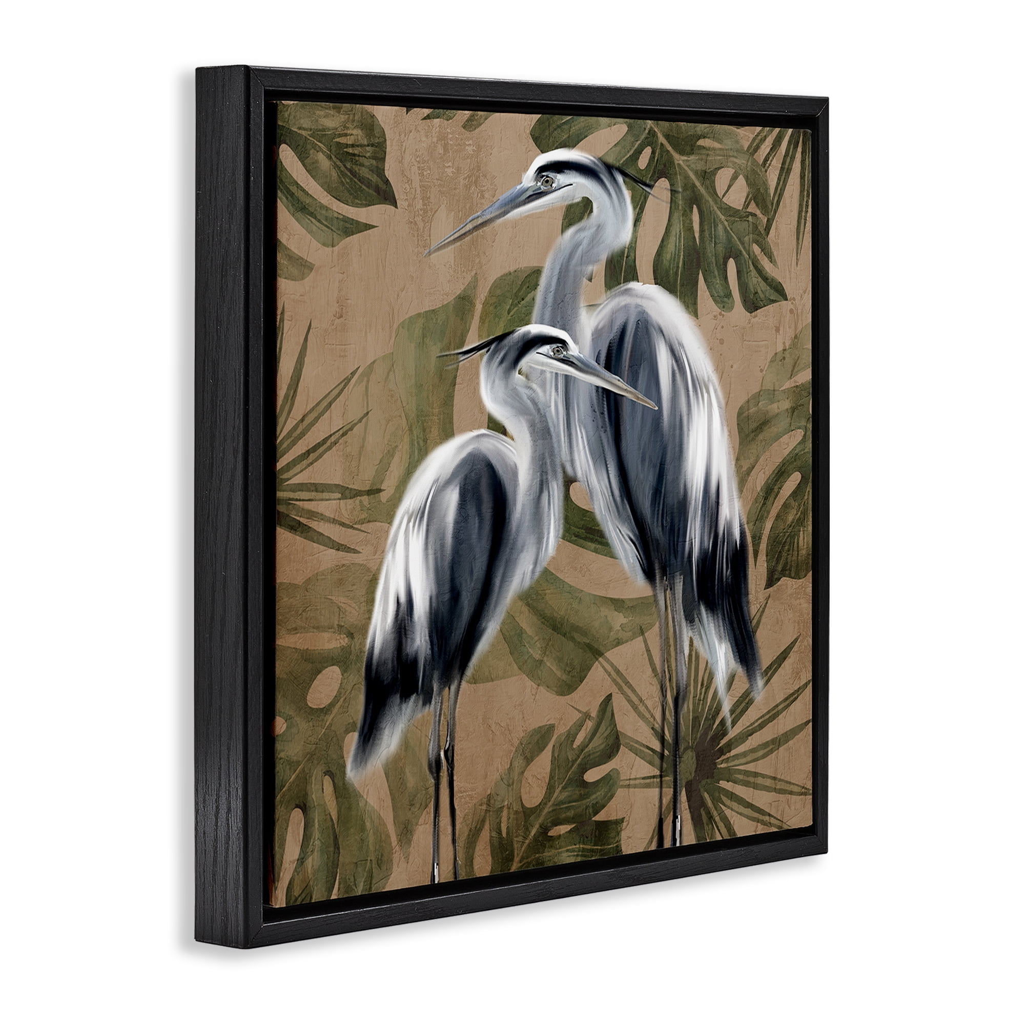 Stupell Industries Two Herons over Tropical Leaves Black Framed Floater Canvas Wall Art, design by Kim Allen