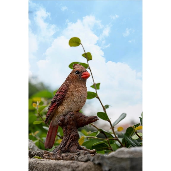 Female Cardinal Resting on Stump Garden Statue