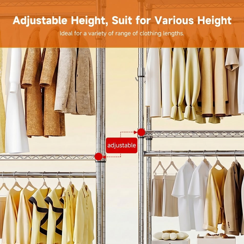 Heavy Duty Rolling Garment Rack, 3-Tier Adjustable Wire Shelving Clothes Rack with 2 Hanging Rods, Side Hooks & Lockable Wheels, Chrome