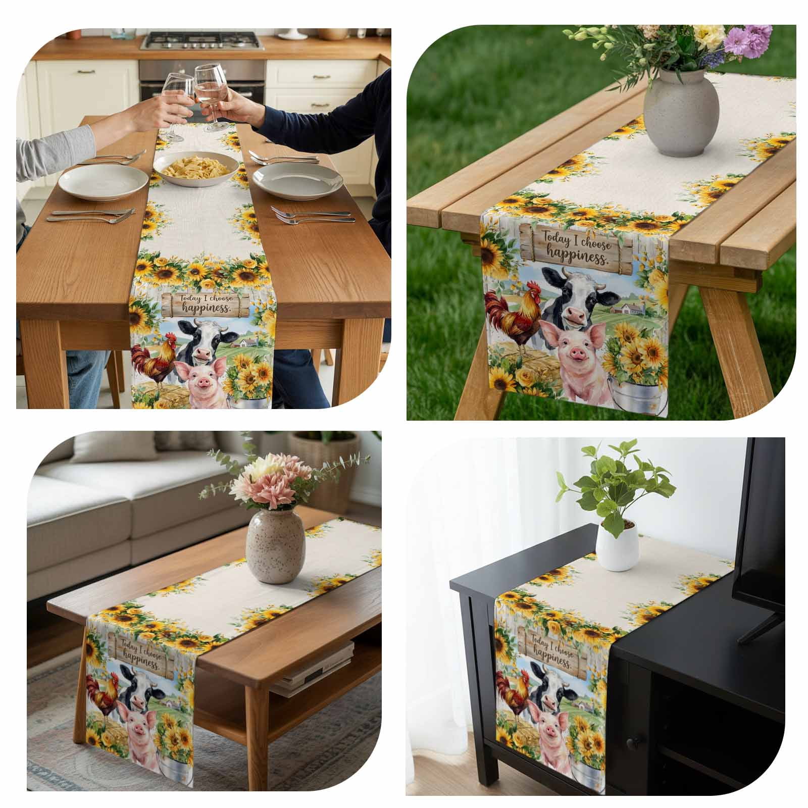 Kitchen Table Runner 90 Inches Long, Farm Cow Rooster Pig Sunflower Cotton Linen Table Runners for Dining Tables Home Holiday Party Wedding, Rustic Animals Wood Barn Tabletop Scarf