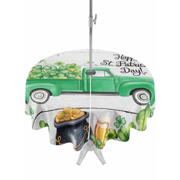 Outdoor Tablecloth with Umbrella Hole and Zipper, St. Patrick's Day Round Table Cloth 60 Inch Waterproof Tablecloth, Green Truck Lucky Shamrocks Rustic Wooden Picnic Table Cover for Patio Camping
