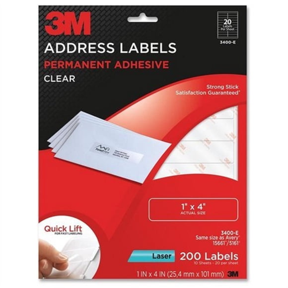Etiqueta de dirección 3M 3400-E rectangular de 1 x 4 cm, láser transparente 200