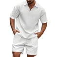 thumbnail image 2 of Mens 2 Piece Outfits 2026 Waffle Quarter Zip Short Sleeve Polo Shirts Bermuda Shorts Matching Set Textured Beach Set White S, 2 of 5