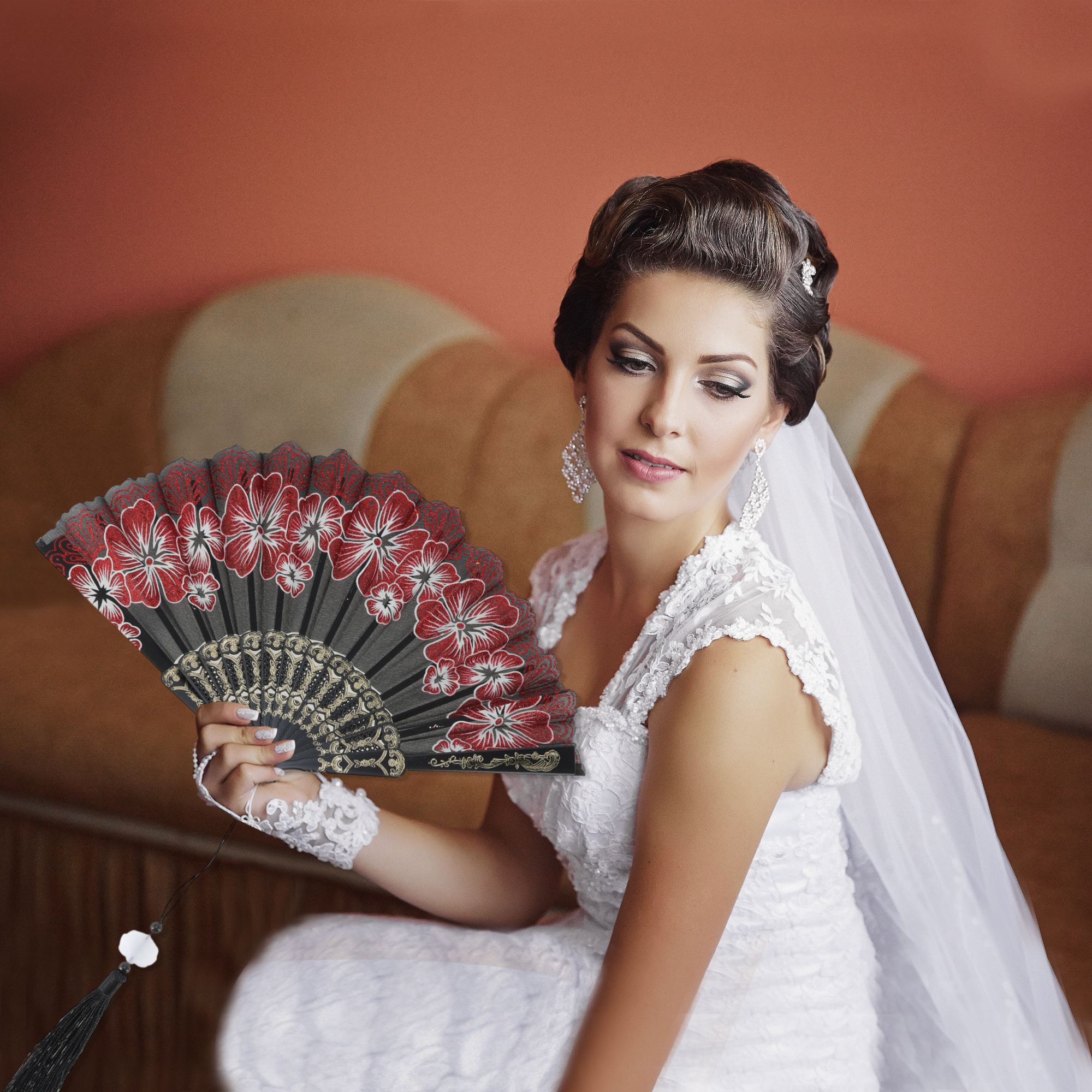 Unique Bargains Rose Lace with Tassel Folding Fan for Weddings and Parties 1 Pc Red