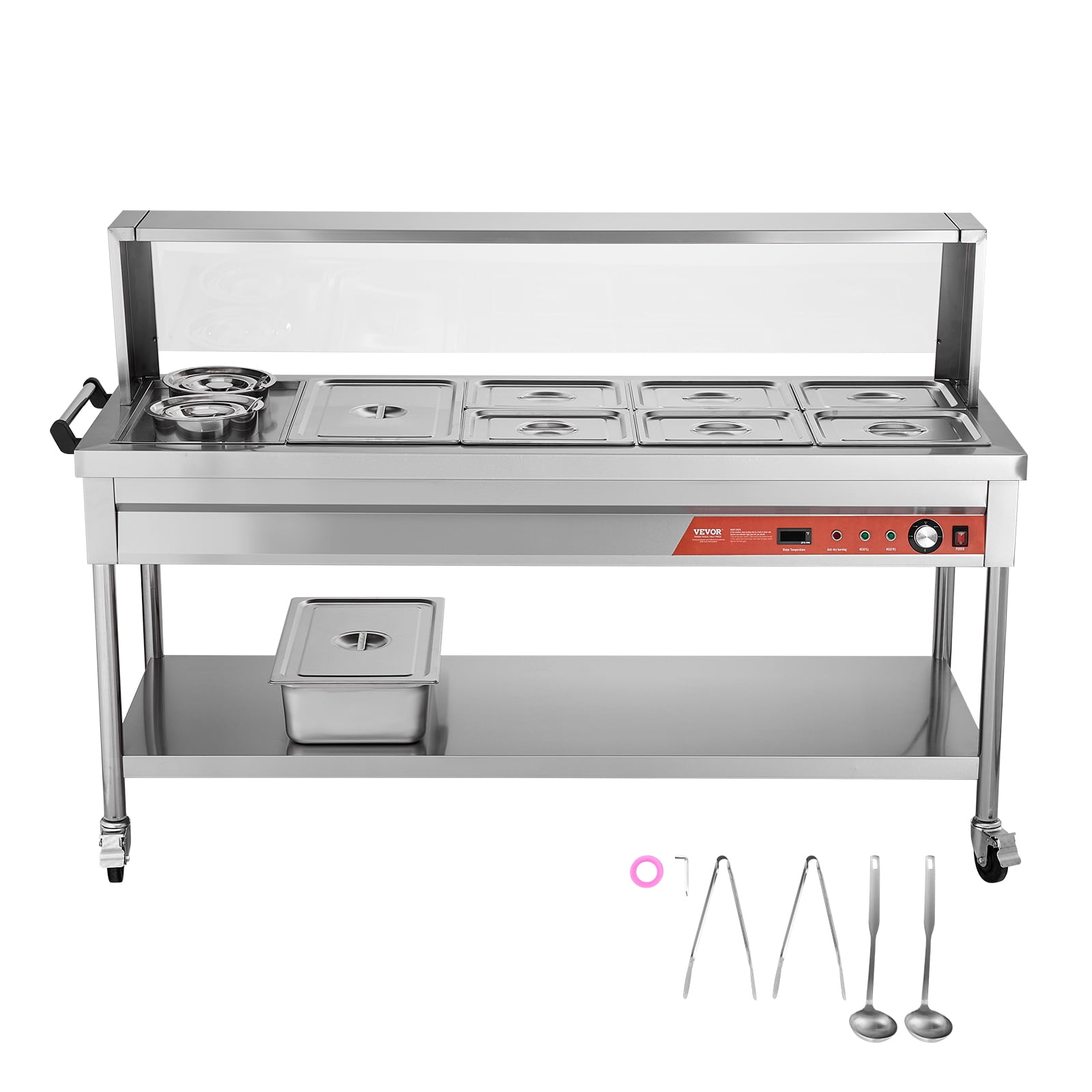 VEVOR Commercial Electric Food Warmer, 7 Pans + 2 Pots Steam Table, 1800W Professional Buffet Catering Food Warmer with Shield Undershelf Wheels, Stainless Steel Server