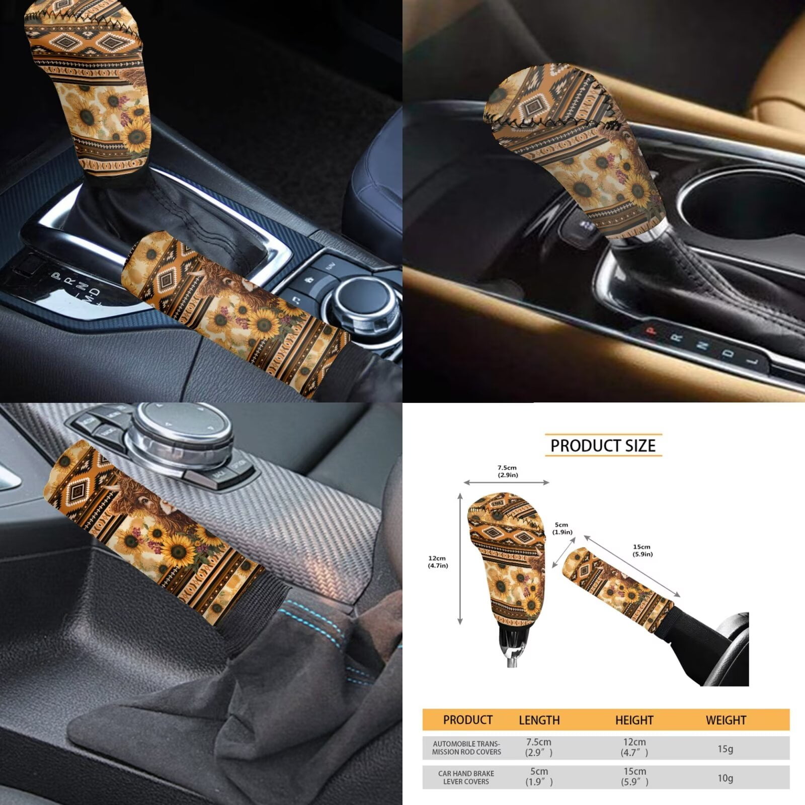Garronmavis Aztec Highland Cow Car Seat Covers Set with Auto Headrest Cover+Handbrake Gear+Shift Knob Cover+Auto Cup Coaster+Wristlet Keychain Light Breathable Auto Interior Protector