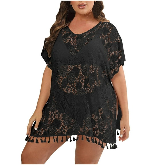 Xuhomer Plus Size Cover Ups for Women Lace Short Sleeve V-Neck Split Lace Beach Tassel Cover Up Bikini Bathing Suits Loose Crochet Sunscreen Cover Swimsuit Cover-up Dress Black Free Size