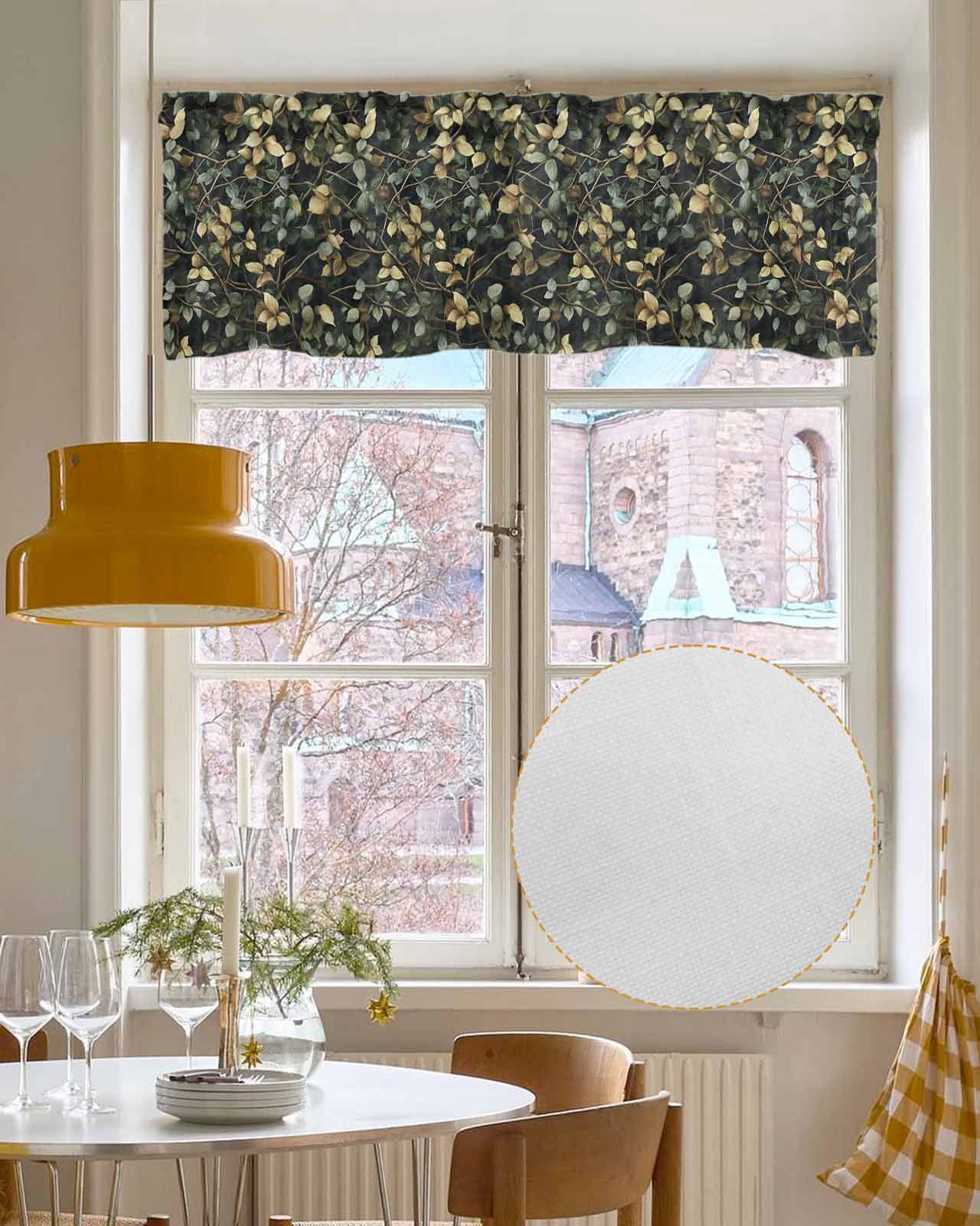 Branches Green Leaves Kitchen Valances for Windows Farmhouse Linen Window Valance Curtain for Living Room Window Treatment Vintage Botanical Forest Valance Rod Pocket Topper Drape, 60 x 18 Inch