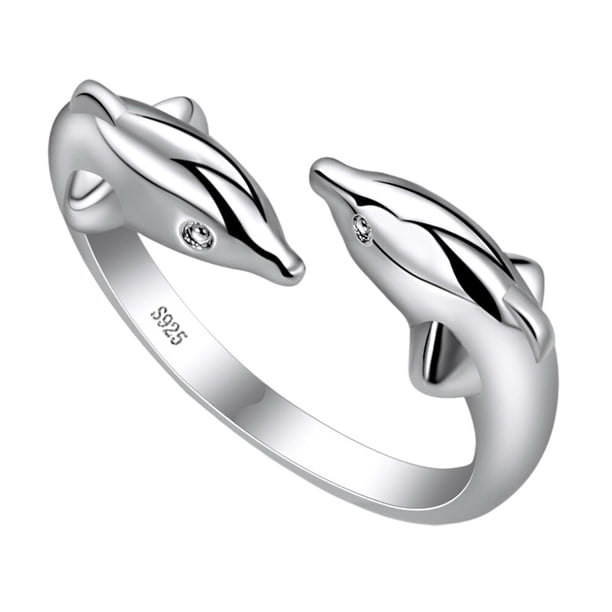 Anillo de apertura con diseño de delfines dobles, anillo de dedo creativo, anillo de moda, joyería para el dedo en plata