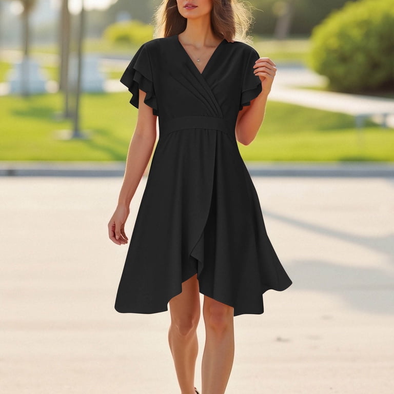 Jinhomg Women's Cocktail Dress Trendy Wrap V Neck A Line Dresses Flowy  Swing Ruffle Short Sleeve Midi Dress formal Wedding Guest Dress Black XL