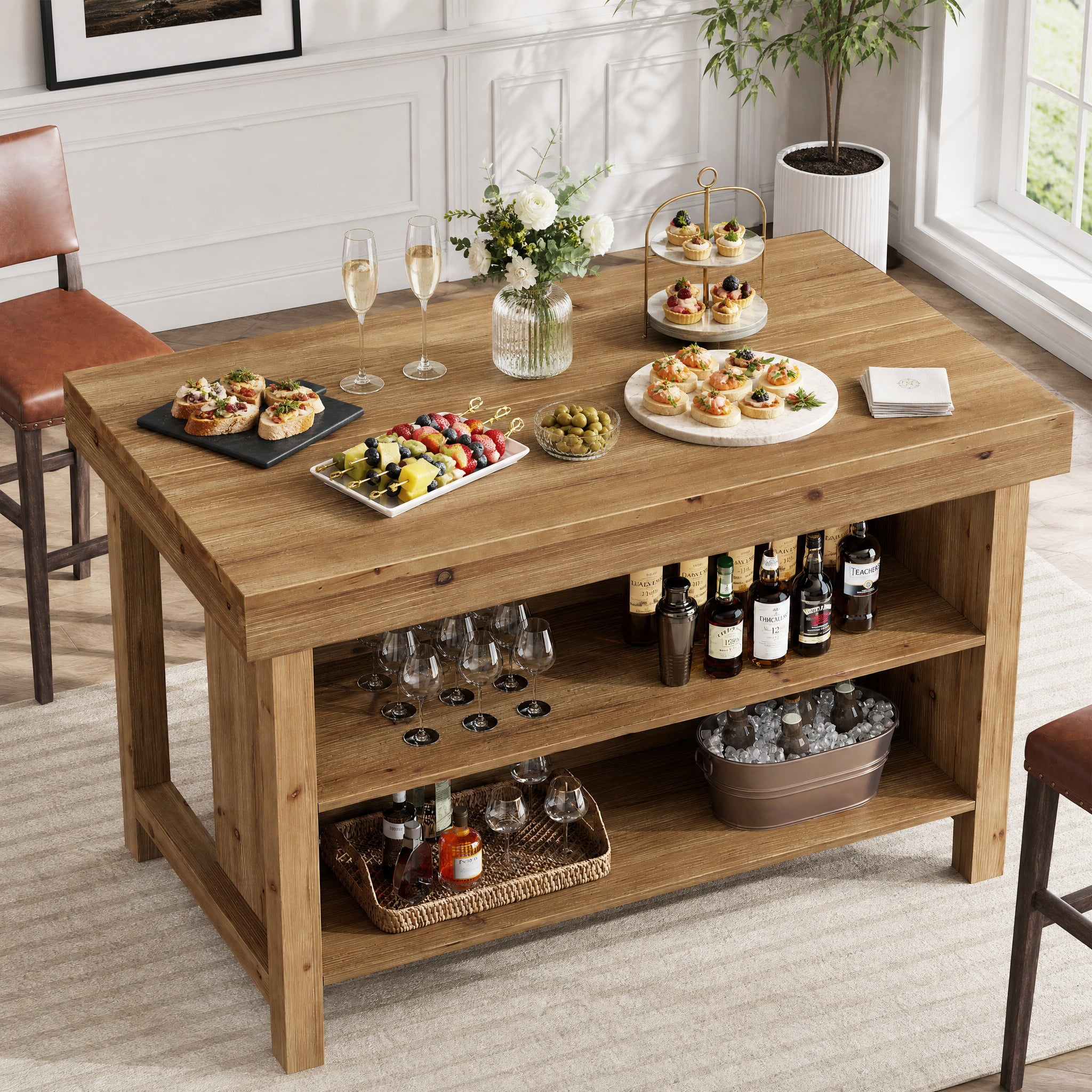 Fnova 55" 3-Tier Solid Wood Kitchen Island with Storage Shelf, Farmhouse Wooden Stationary Island Table with Large Worktop for Kitchen, Dining Room, Brown