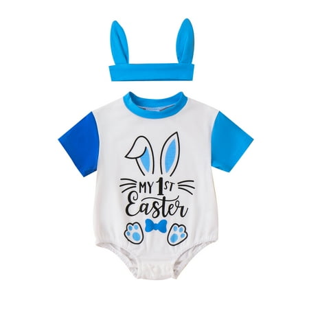 

Baby Girls Easter Outfit Short Sleeve Crew Neck Letters Print Bodysuit with Bunny Ears Headband for Girls Boys