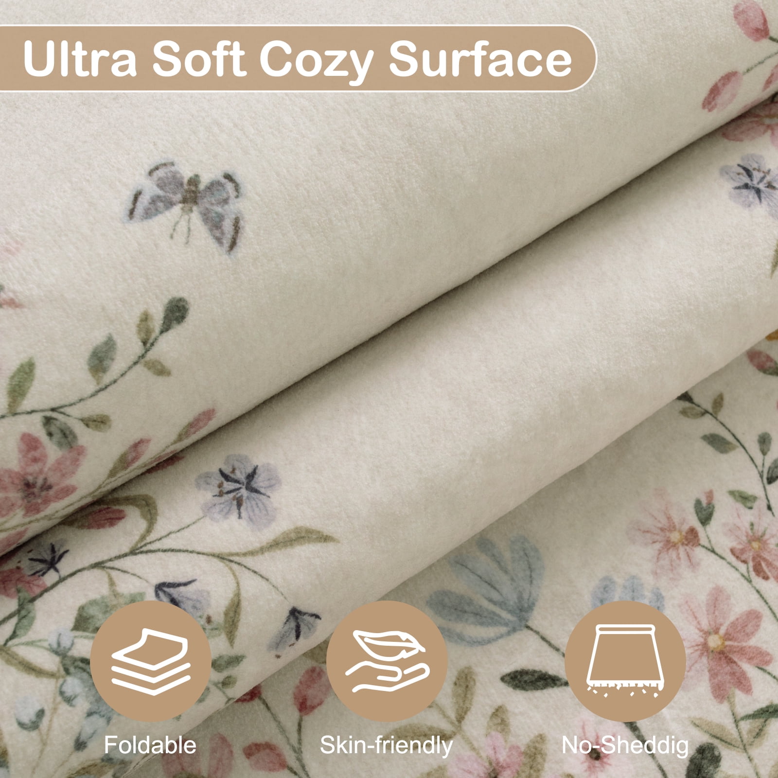 Wonnitar 4'x6' Floral Area Rugs for Living Room, Washable Rugs for Bedroom Beige Vintage Throw Rugs for Dining Room Sunroom Home Office, Soft Non Slip Stain Resistant