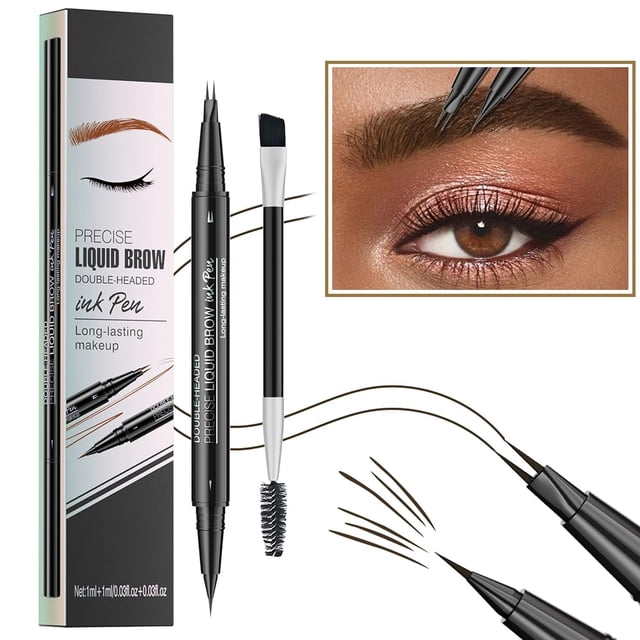 Pinkiou Lápiz para cejas Lápiz para cejas Microblading Lápiz para cejas 2 en 1 Lápiz para cejas resistente al agua Lápiz para cejas de doble punta con 2 puntas de tenedor y cepillo de precisión Lápiz
