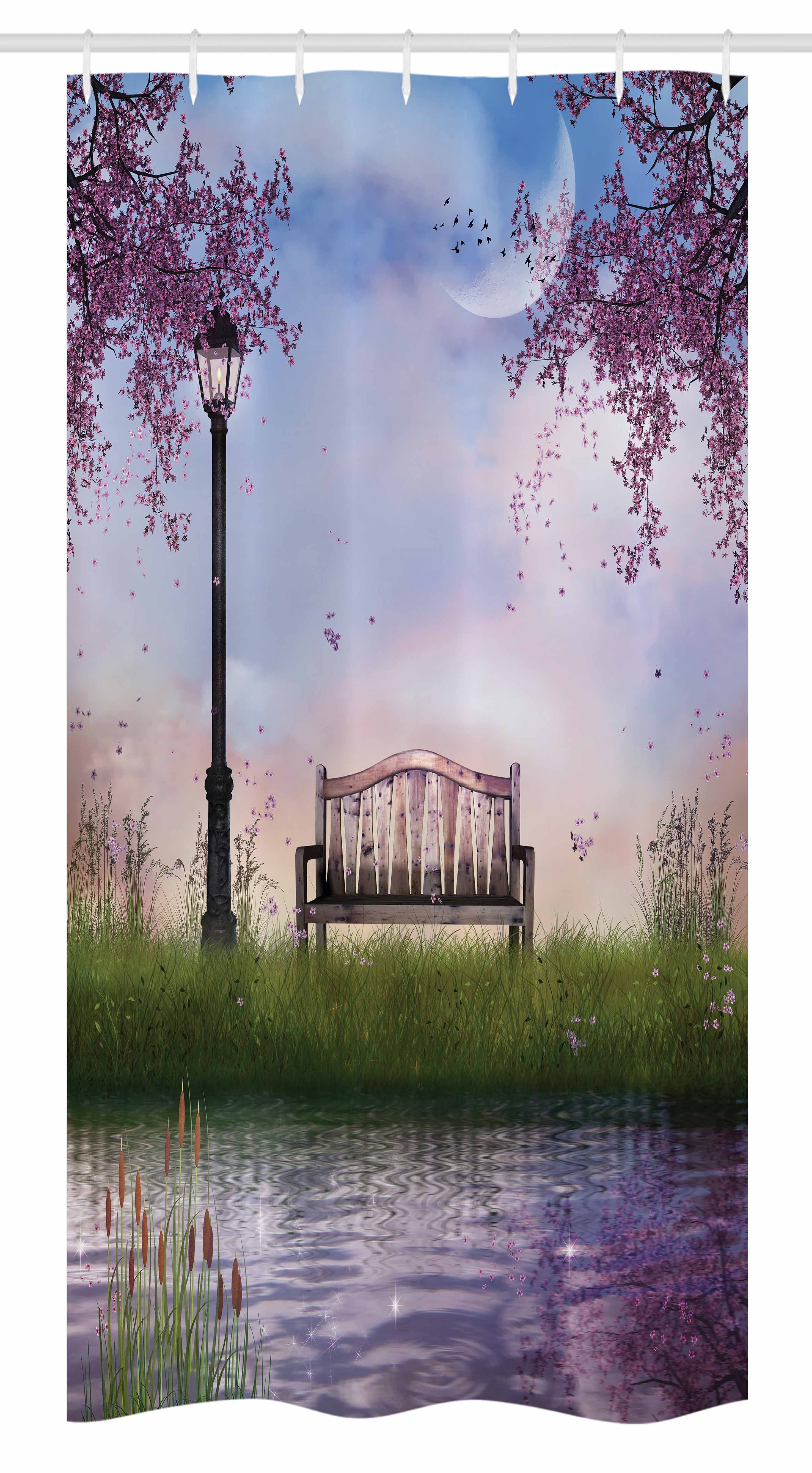 Nature Stall Shower Curtain, Bench on Flowing River with Crescent Moon