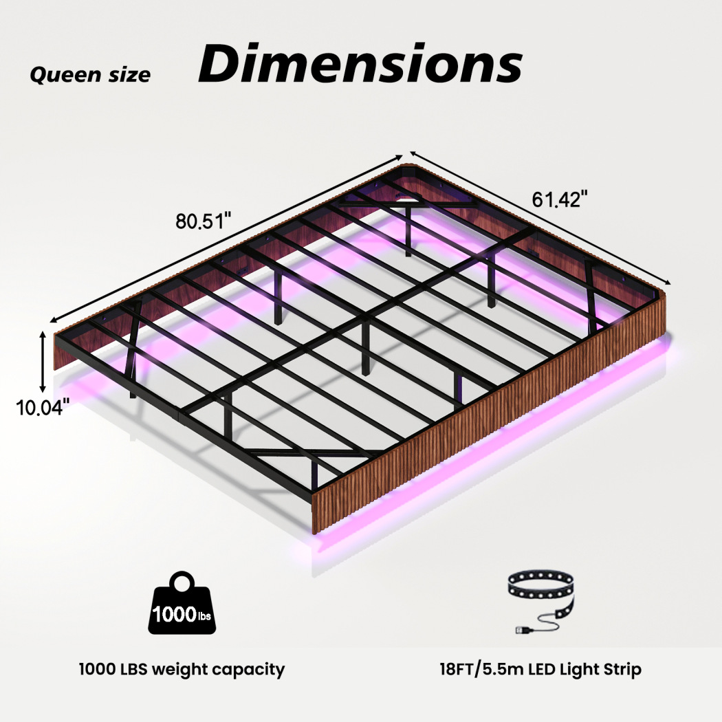 Queen Size Floating LED Bed Frame with Customizable Lighting & Under-Bed Storage, Sturdy Metal Platform, No Box Spring Required, Easy Assembly, Walnut Finish