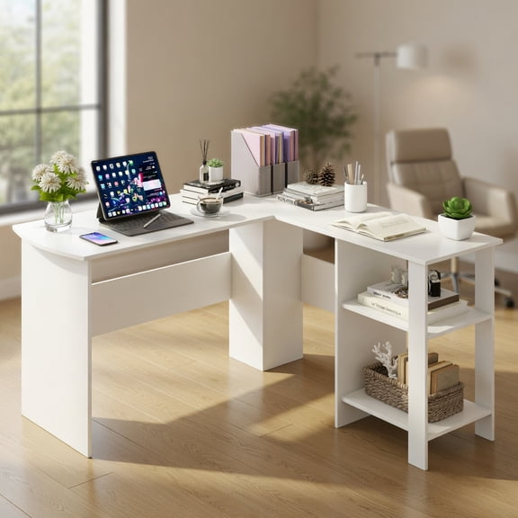 Spaco Large Modern L-shaped Computer Desk with 2 Cable Holes and 2 Storage Shelves-White, Office Desk, Gaming Computer Desks for Study,Working,Writing