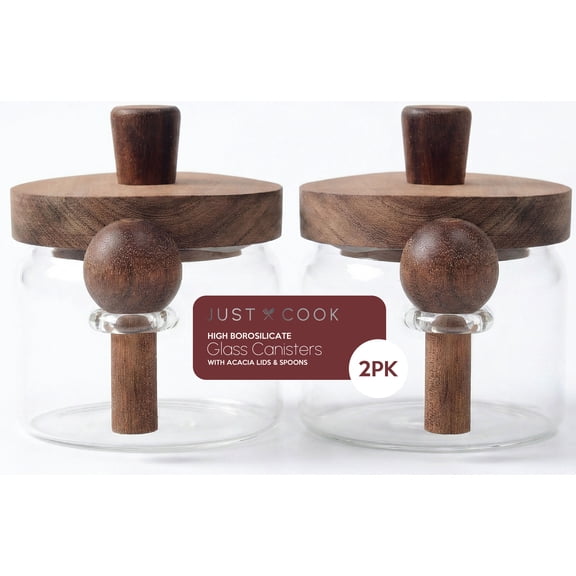 Just Cook Glass Canister Food Storage Containers with Acacia Wood Lid and Spoon, 350 ml, 2 Pack