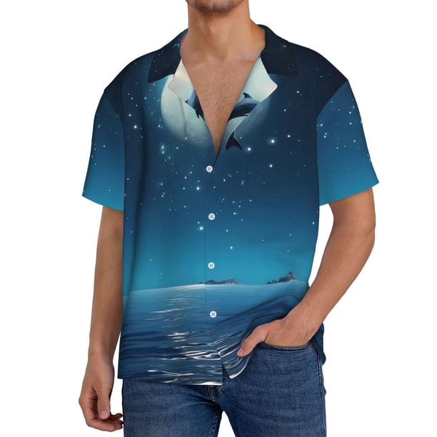 Fotbe Night Sky Moon Dolphin Camisa Estampada de Manga Corta para Hombre, Casual de Verano, Estilo Playero, Sin Arrugas-XX-Large